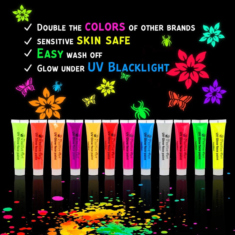Positive Art UV Face & Body Paint Kit â€“ 12 Neon Colors (1 oz Each) + 60 Stencils & 3 Brushes | Blacklight Glow Paint, Safe & Washable Body Art for Festivals, Clubs & Parties - Image 4